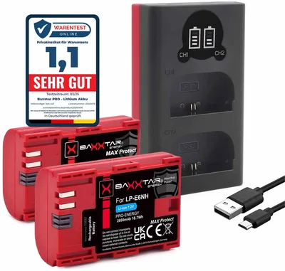 MaxProtect LP-E6NH 2X 2600mAh mit NTC-Sensor + V1 Schutzgehäuse + Ladegerät