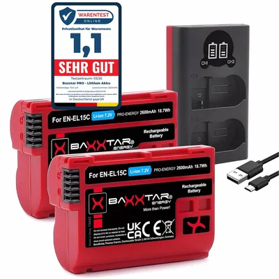 2X EN-EL15c Akku 2600mAh + Dual LCD Ladegerät