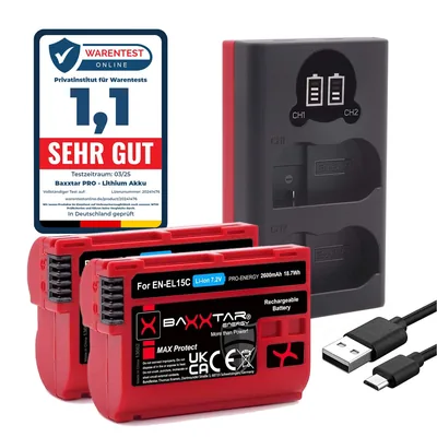 MaxProtect 2X EN-EL15c 2600mAh + Dual LCD Ladegerät