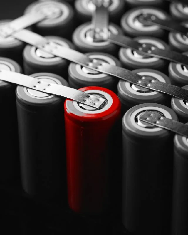 Lithium-Ionen-Zellen, mit Nickelstreifen verbunden, eine davon rot